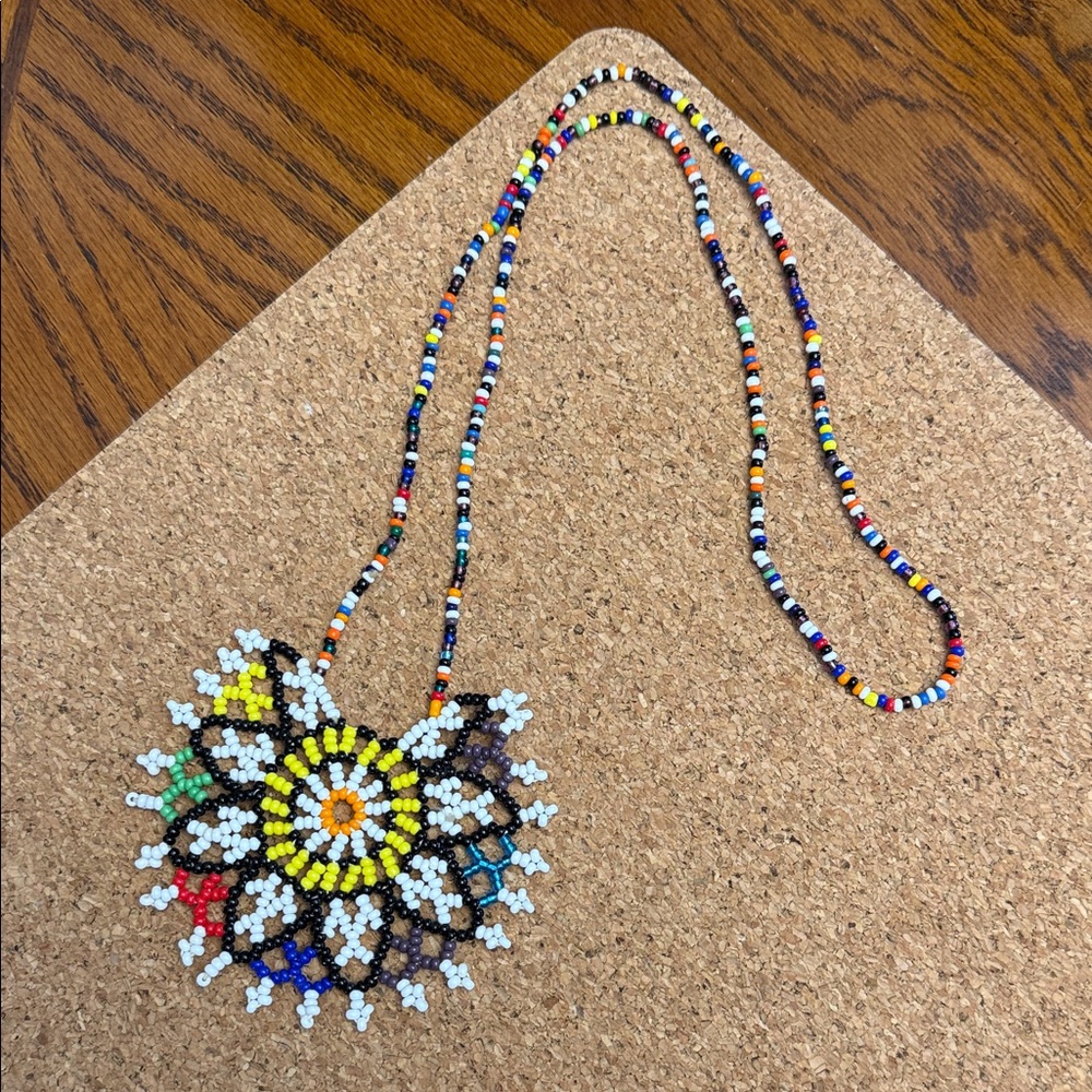 Vintage 1990s Medallion Indigenous Style Seed Beaded Native American Necklace